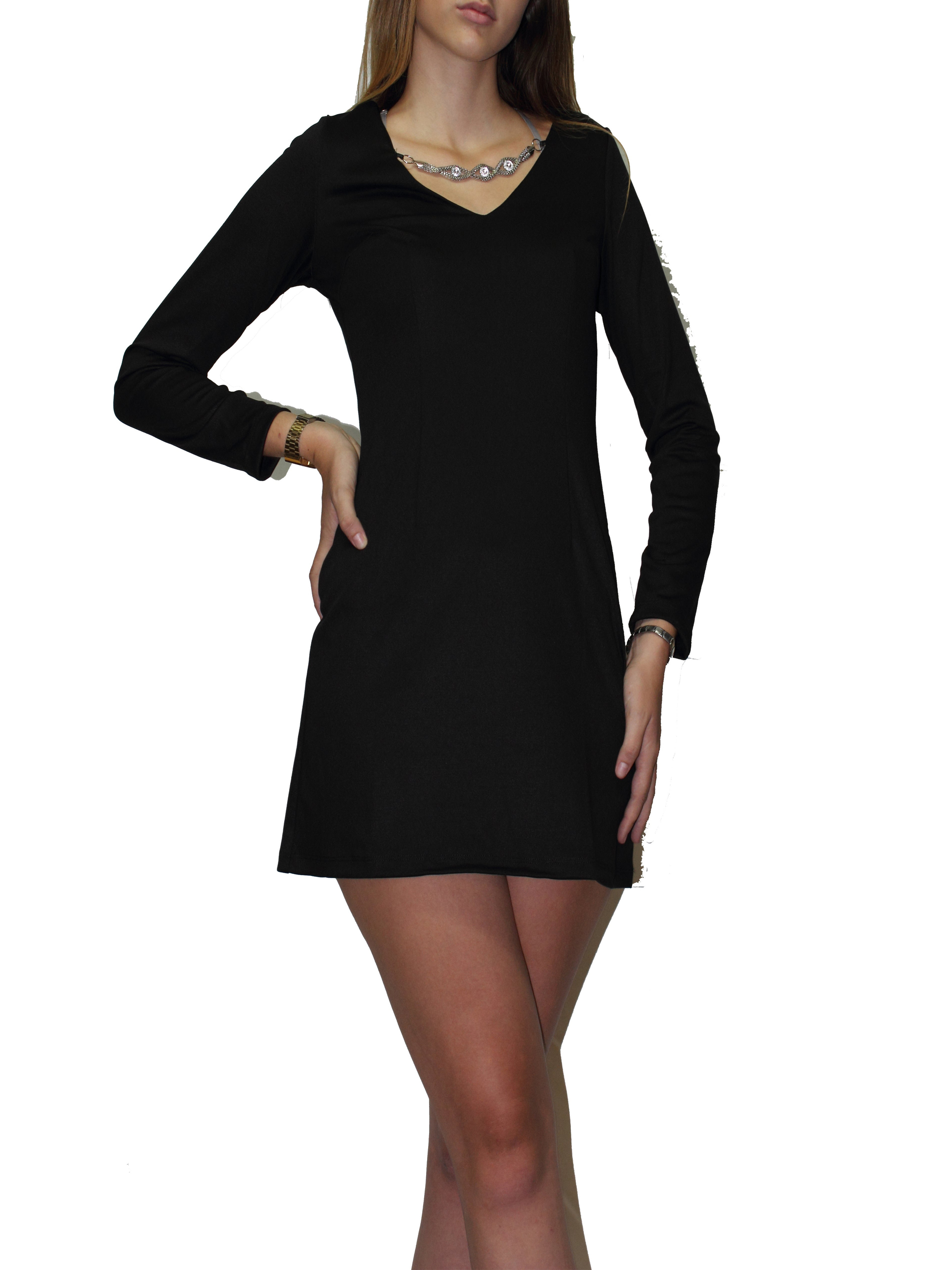 dress in Milano Spandex v-neck with small rhinestones and long sleeves