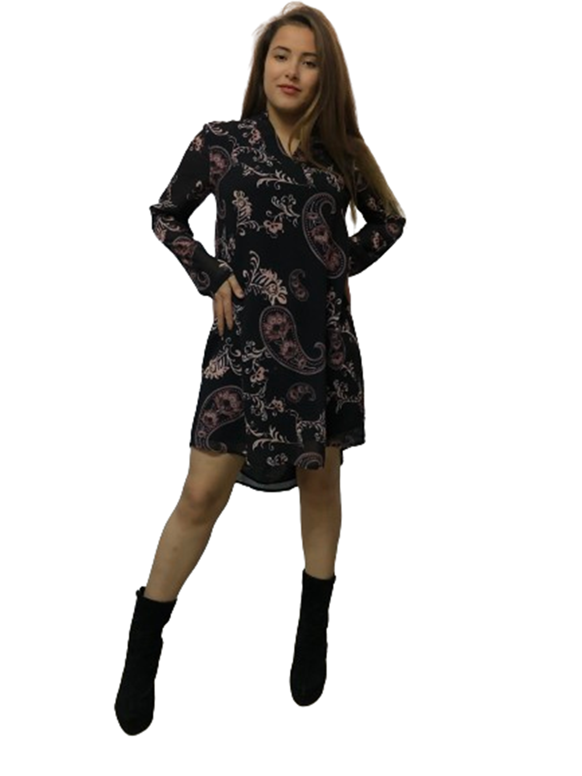 Charming Printed Tunic Dress Long Sleeve with Polyester Tulle.